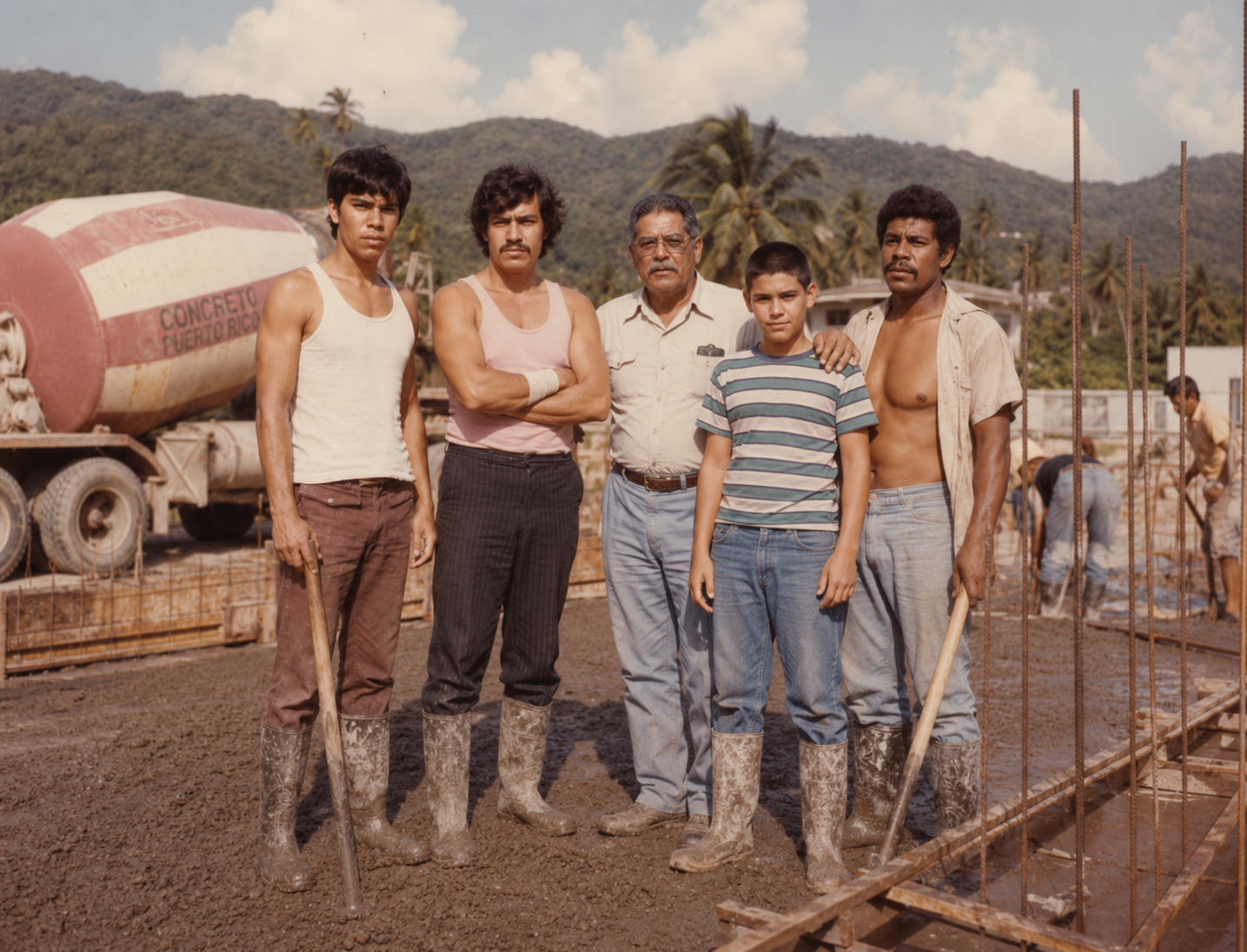Three generations of the family standing on a fresh concrete pour beside a Concreto Puerto Rico mixer